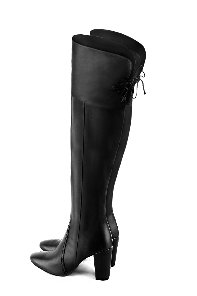 Satin black women's leather thigh-high boots. Round toe. High block heels. Made to measure. Rear view - Florence KOOIJMAN